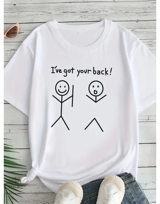 Baskılı Oversize Bisiklet Yaka T-shirt - Beyaz