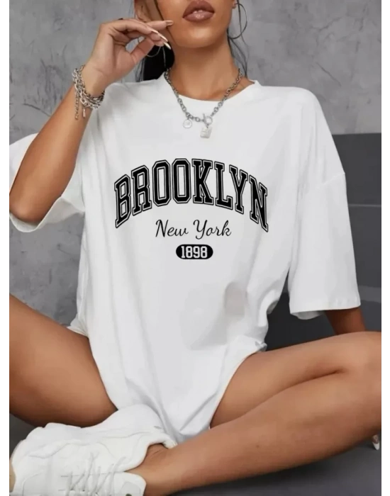 Baskılı Oversize Bisiklet Yaka T-shirt - Beyaz