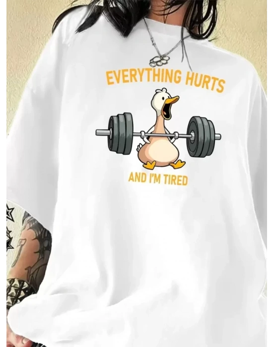 Baskılı Oversize Bisiklet Yaka T-shirt - Beyaz