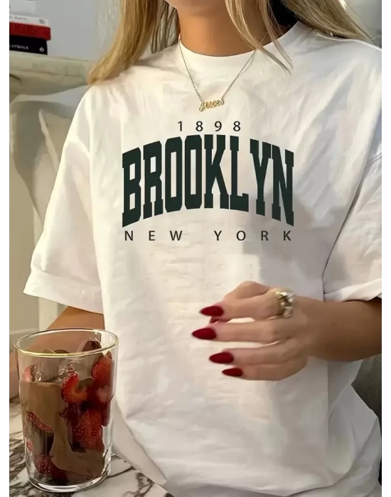 Baskılı Oversize Bisiklet Yaka T-shirt - Beyaz