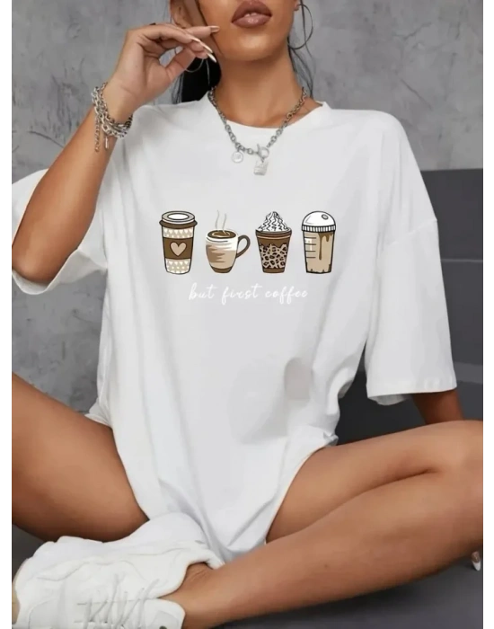 Baskılı Oversize Bisiklet Yaka T-shirt - Beyaz