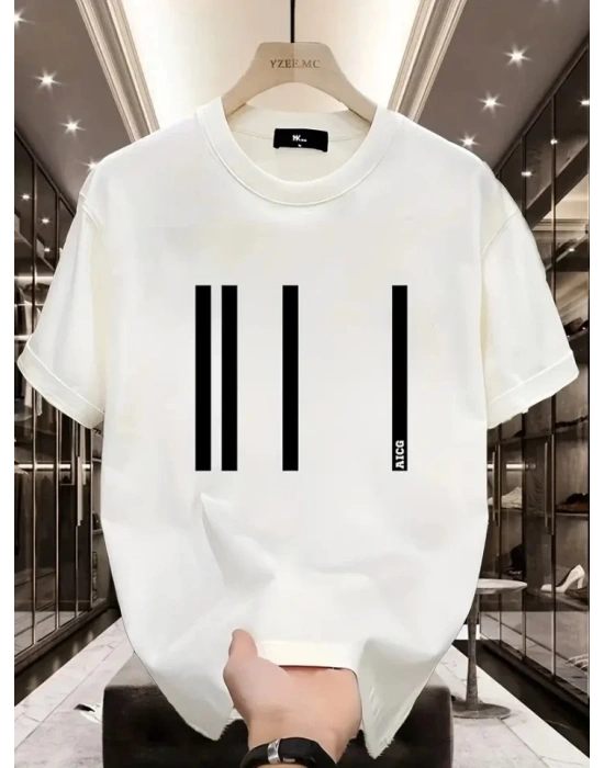 Baskılı Oversize Bisiklet Yaka T-shirt - Beyaz