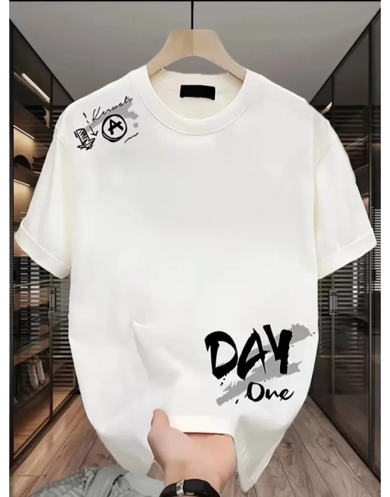 Baskılı Oversize Bisiklet Yaka T-shirt - Beyaz