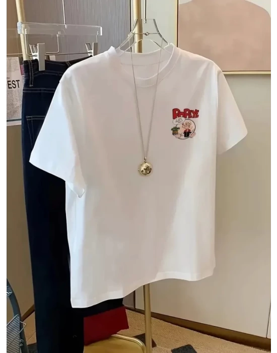 Baskılı Oversize Bisiklet Yaka T-shirt - Beyaz