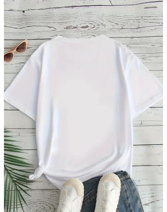 Baskılı Oversize Bisiklet Yaka T-shirt - Beyaz
