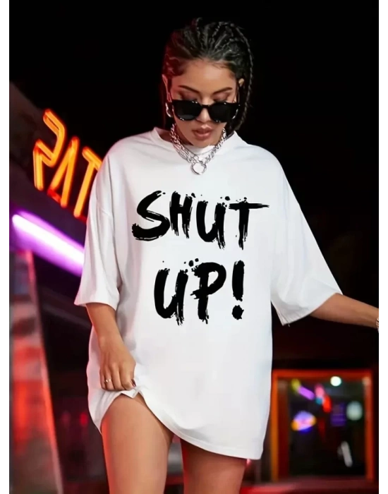 Baskılı Oversize Bisiklet Yaka T-shirt - Beyaz