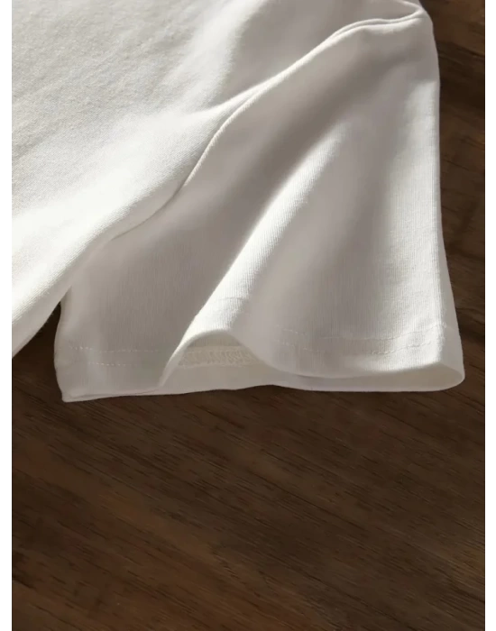 Baskılı Oversize Bisiklet Yaka T-shirt - Beyaz