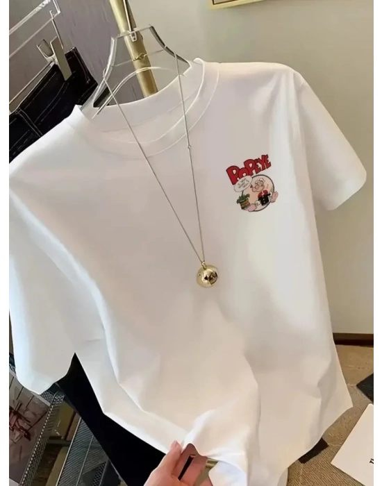 Baskılı Oversize Bisiklet Yaka T-shirt - Beyaz