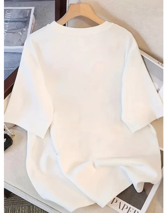 Baskılı Oversize Bisiklet Yaka T-shirt - Beyaz