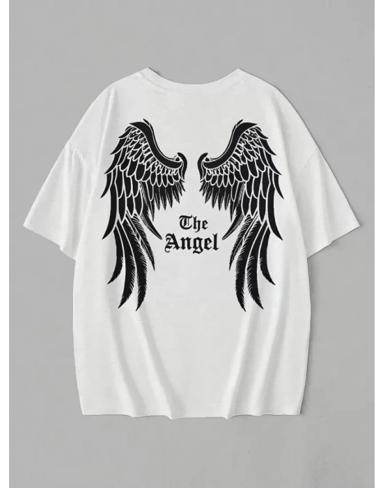 Baskılı Oversize Bisiklet Yaka T-shirt - Beyaz