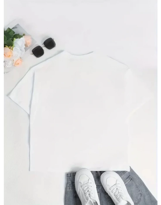 Baskılı Oversize Bisiklet Yaka T-shirt - Beyaz