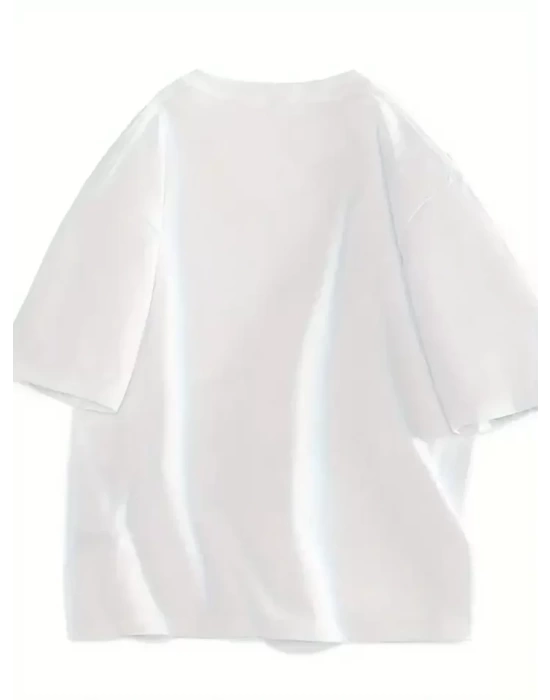Baskılı Oversize Bisiklet Yaka T-shirt - Beyaz