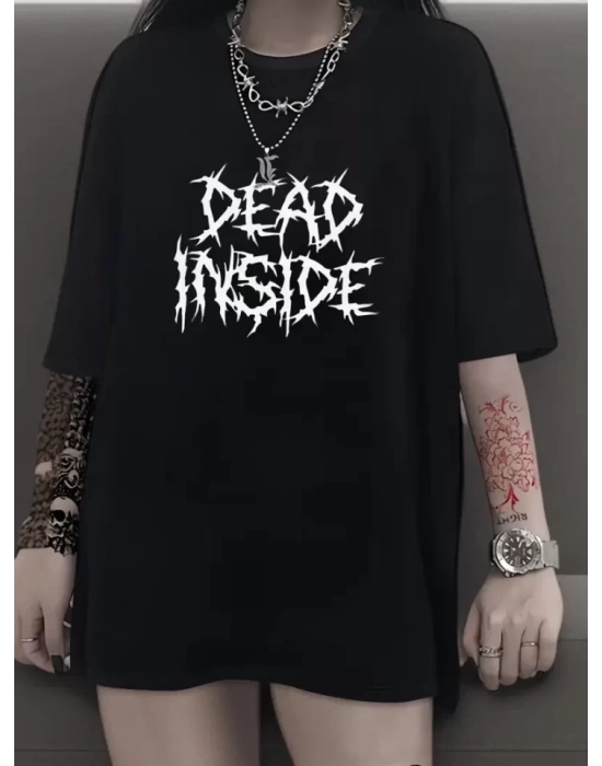 Baskılı Oversize Bisiklet Yaka T-shirt - Siyah