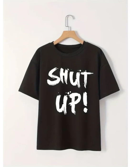 Baskılı Oversize Bisiklet Yaka T-shirt - Siyah