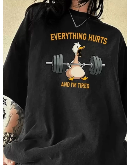 Baskılı Oversize Bisiklet Yaka T-shirt - Siyah