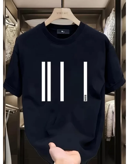 Baskılı Oversize Bisiklet Yaka T-shirt - Siyah