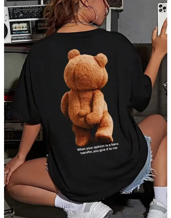 Baskılı Oversize Bisiklet Yaka T-shirt - Siyah