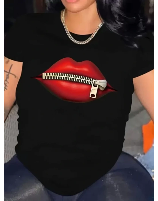 Baskılı Oversize Bisiklet Yaka T-shirt - Siyah