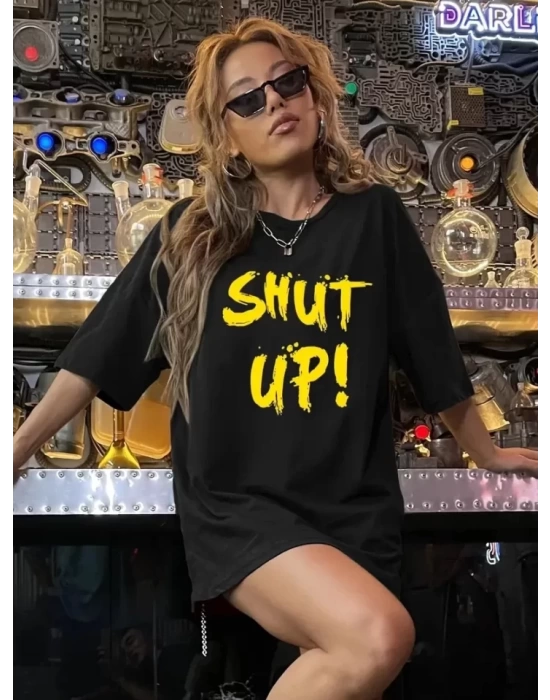 Baskılı Oversize Bisiklet Yaka T-shirt - Siyah