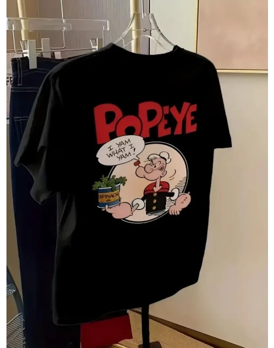 Baskılı Oversize Bisiklet Yaka T-shirt - Siyah