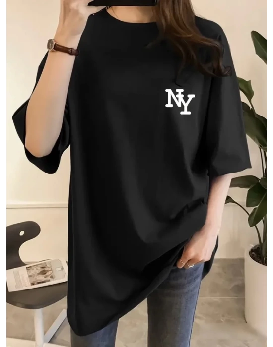 Baskılı Oversize Bisiklet Yaka T-shirt - Siyah