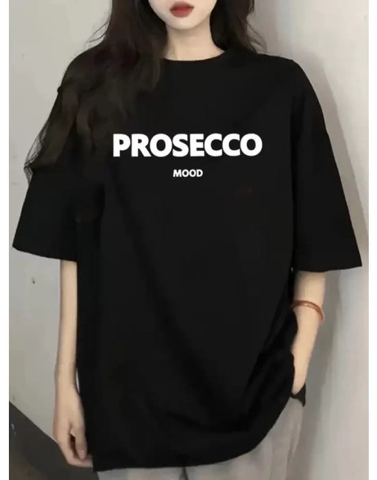 Baskılı Oversize Bisiklet Yaka T-shirt - Siyah