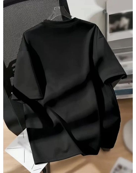 Baskılı Oversize Bisiklet Yaka T-shirt - Siyah