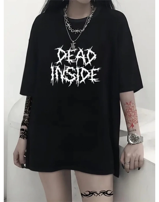 Baskılı Oversize Bisiklet Yaka T-shirt - Siyah