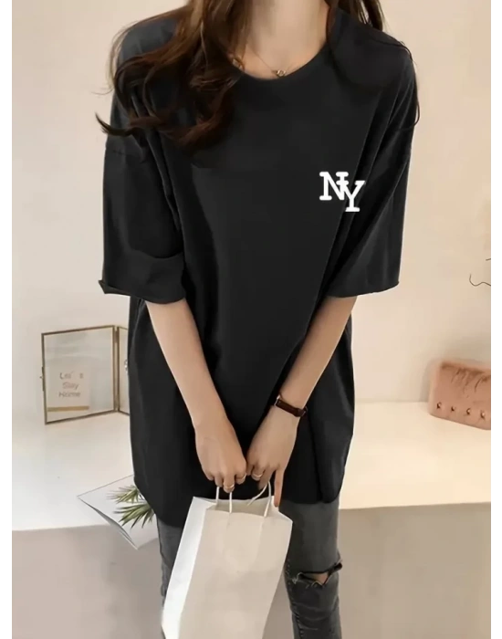 Baskılı Oversize Bisiklet Yaka T-shirt - Siyah