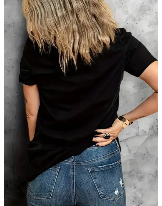 Baskılı Oversize Bisiklet Yaka T-shirt - Siyah