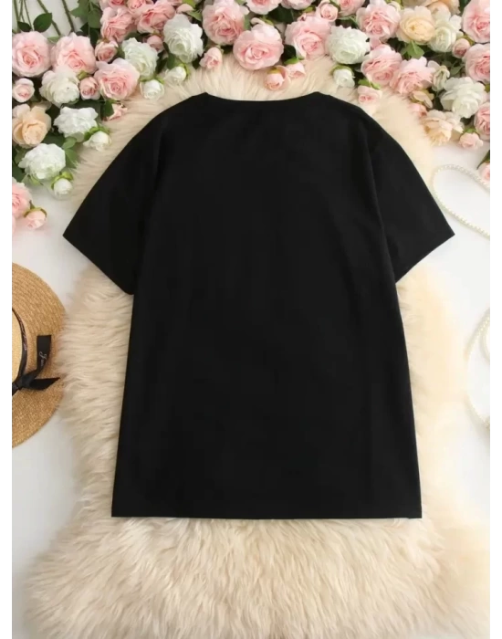 Baskılı Oversize Bisiklet Yaka T-shirt - Siyah