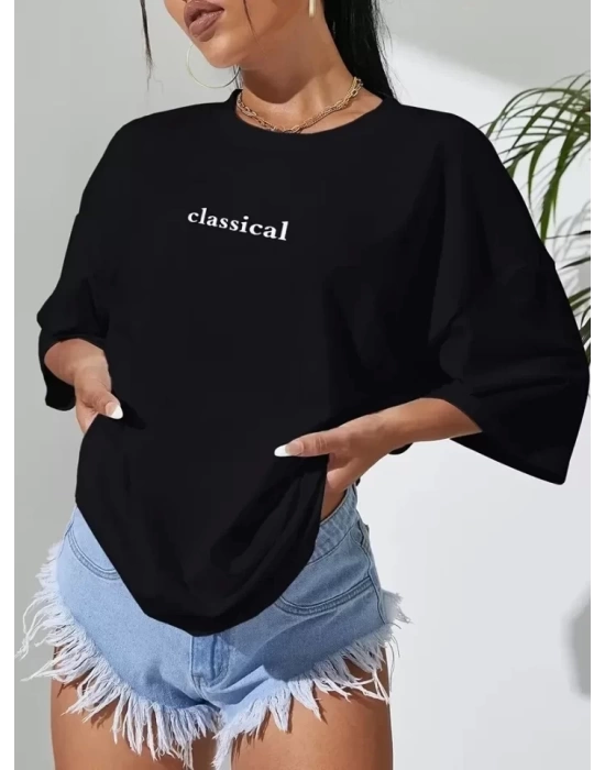 Baskılı Oversize Bisiklet Yaka T-shirt - Siyah