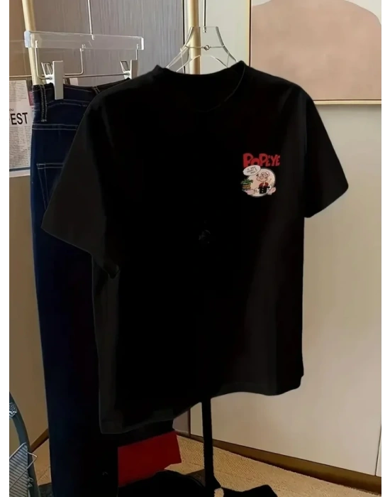 Baskılı Oversize Bisiklet Yaka T-shirt - Siyah