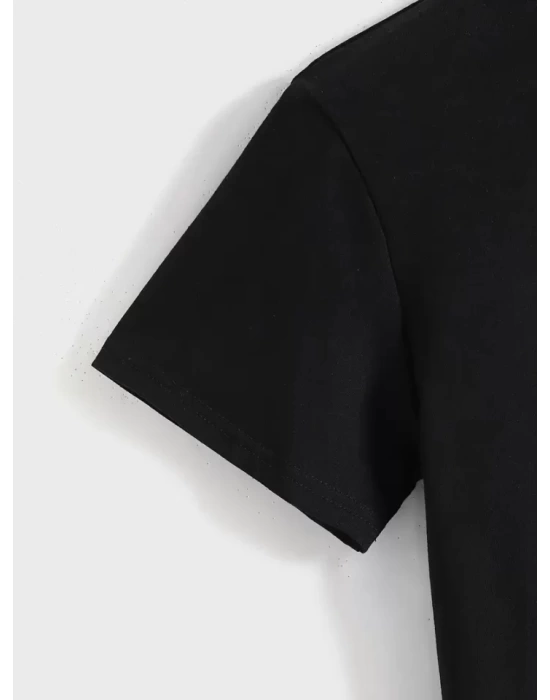 Baskılı Oversize Bisiklet Yaka T-shirt - Siyah