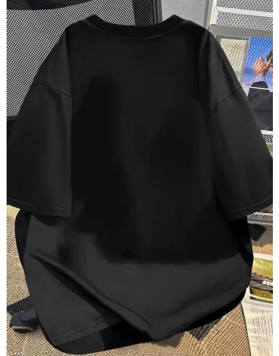 Baskılı Oversize Bisiklet Yaka T-shirt - Siyah