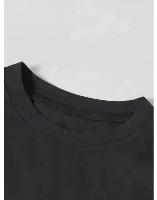 Baskılı Oversize Bisiklet Yaka T-shirt - Siyah