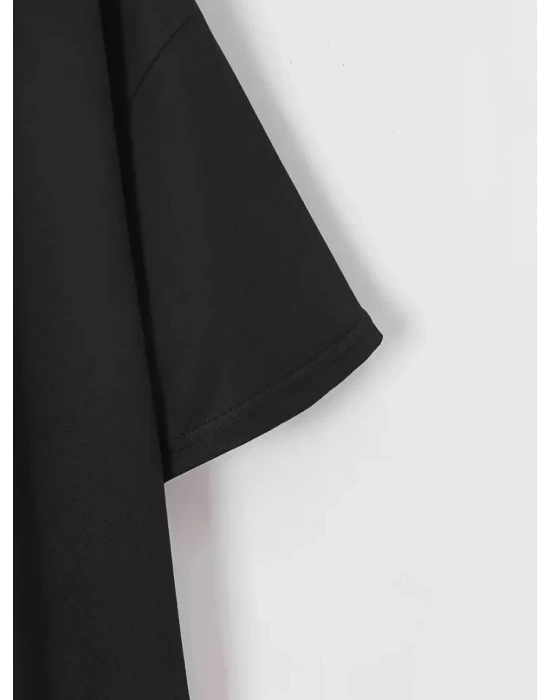 Baskılı Oversize Bisiklet Yaka T-shirt - Siyah