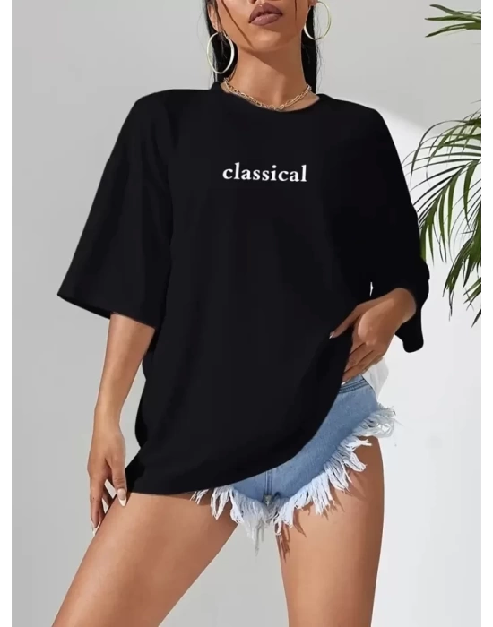 Baskılı Oversize Bisiklet Yaka T-shirt - Siyah