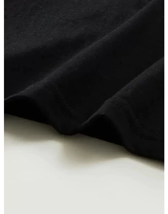Baskılı Oversize Bisiklet Yaka T-shirt - Siyah