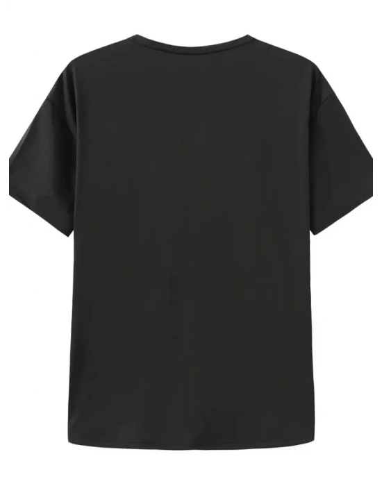 Baskılı Oversize Bisiklet Yaka T-shirt - Siyah