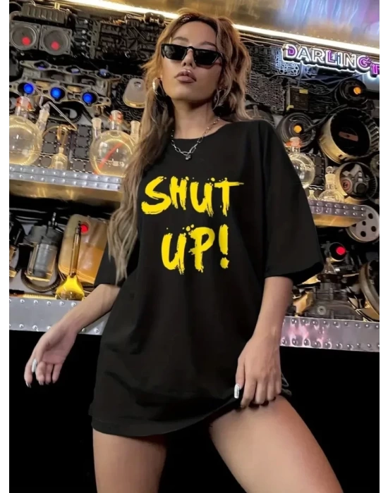 Baskılı Oversize Bisiklet Yaka T-shirt - Siyah
