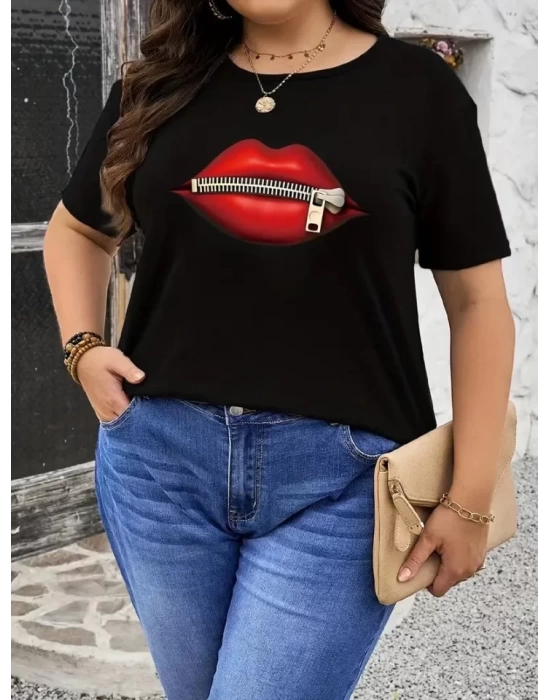 Baskılı Oversize Bisiklet Yaka T-shirt - Siyah