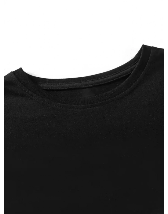 Baskılı Oversize Bisiklet Yaka T-shirt - Siyah