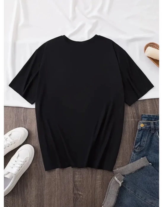 Baskılı Oversize Bisiklet Yaka T-shirt - Siyah