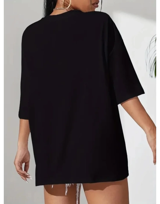 Baskılı Oversize Bisiklet Yaka T-shirt - Siyah