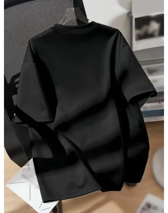 Baskılı Oversize Bisiklet Yaka T-shirt - Siyah