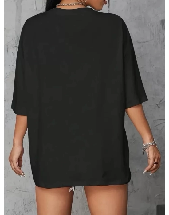 Baskılı Oversize Bisiklet Yaka T-shirt - Siyah