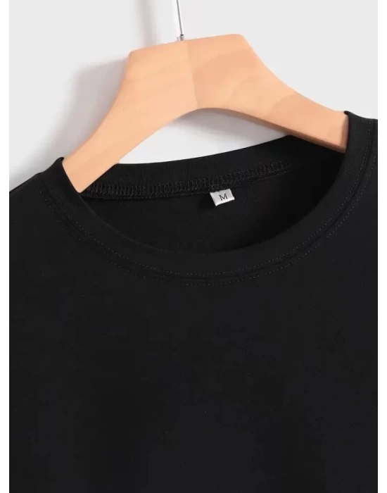 Baskılı Oversize Bisiklet Yaka T-shirt - Siyah