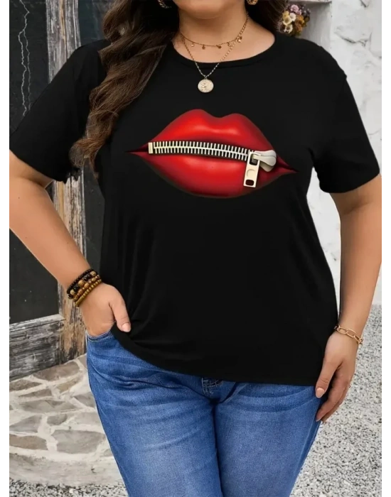 Baskılı Oversize Bisiklet Yaka T-shirt - Siyah