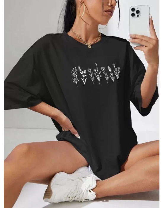Baskılı Oversize T-shirt - Siyah
